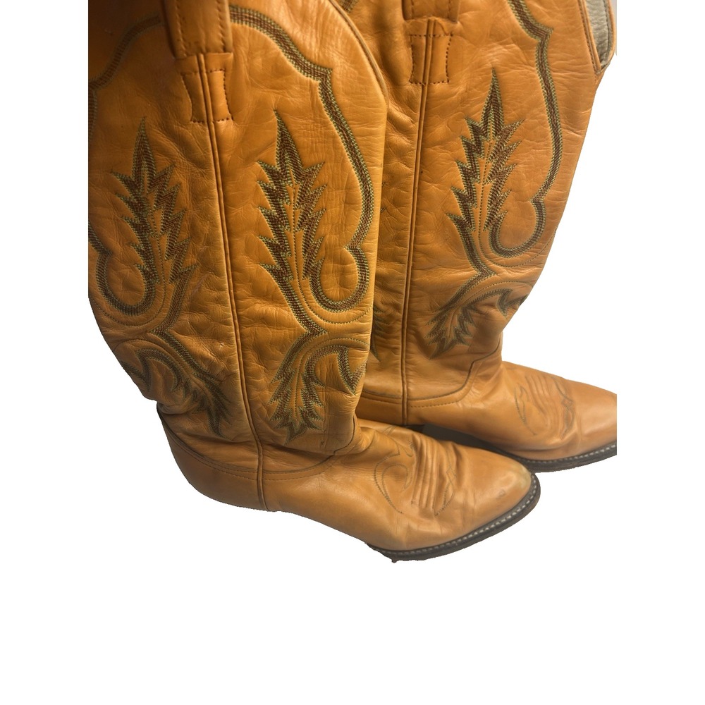 Vintage Larry Mahan Leather Cowboy Western Boots Orange Embroidered Size 8 B 80s